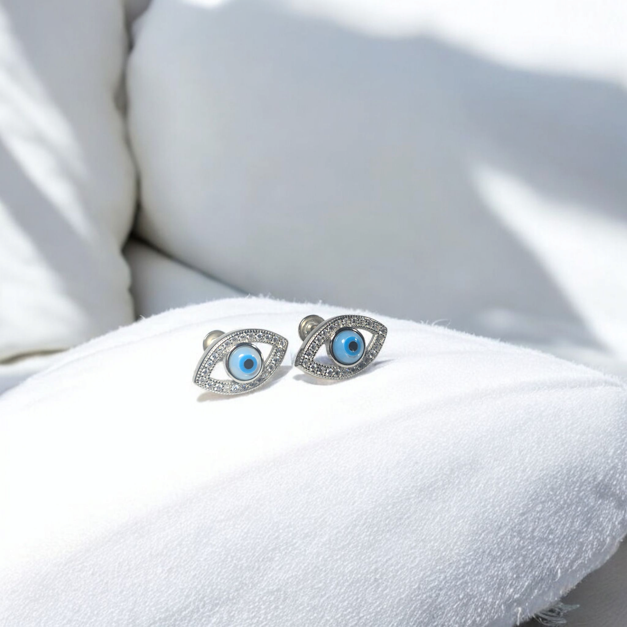 Sterling Silver Cubic Zirconia  Evil Eye Stud Earrings